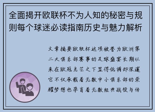 全面揭开欧联杯不为人知的秘密与规则每个球迷必读指南历史与魅力解析